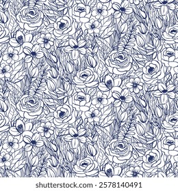 Seamless floral pattern in blue and white with elegant hand-drawn flowers and leaves. Perfect for fabric design, wallpapers, gift wrapping, stationery, and digital backgrounds.