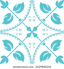 Seamless floral pattern in blue and white with abstract leaf motifs and geometric elements. Perfect for textile, wallpaper, tile, and decorative backgrounds