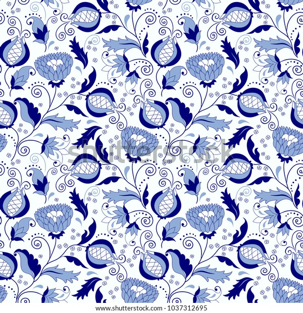 Seamless Floral Pattern Blue White Seamless Stock Vector Royalty Free 1037312695