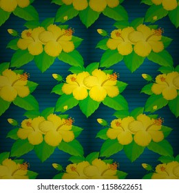 Seamless floral pattern with blue, yellow and green hibiscus flowers, watercolor. Seamless pattern with floral motif. Vector flower illustration. Vector illustration.
