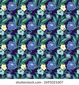 Patrón floral sin fisuras con flores y hojas azules, amarillas y verdes sobre un fondo azul marino. Perfecto para proyectos de diseño de telas, Fondo de pantalla y primavera o verano.