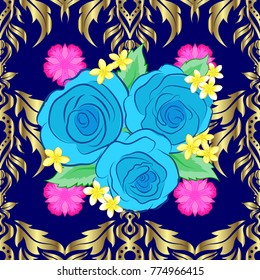 Seamless floral pattern in blue, yellow and neutral colors with motley rose flowers and green leaves. Vector illustration.