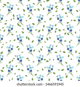 Seamless floral pattern of blue-and-purple twigs of forget-me-not flowers, on white background. Great for decorating fabrics, textiles, gift wrapping design, any printed materials and advertising.