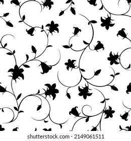 Seamless floral pattern with bluebell flowers. Vector black and white background