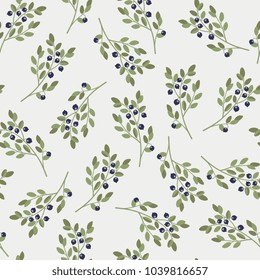 Seamless floral pattern with blueberry or bilberry plants. Vaccinium myrtillus. Flat cartoon style. On light gray background.