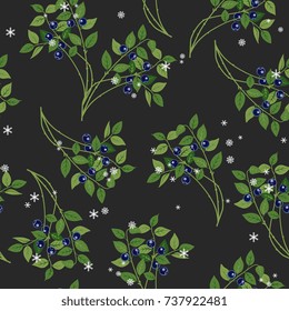 Seamless floral pattern with blueberry plants and snowflakes. On dark background.