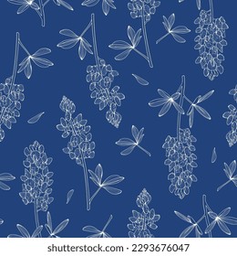 seamless floral pattern with bluebonnet on the blue background