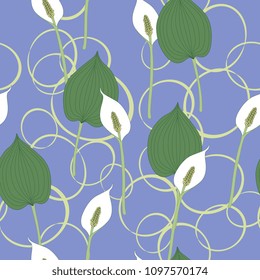 Seamless floral pattern with Bog Arum plant and abstract ellipses. (Calla Palustris).