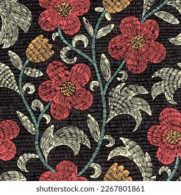 Seamless floral pattern. Bohemian pattern for home decor. Embroidered vintage print. Vector illustration.