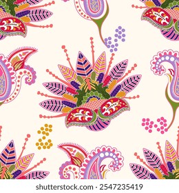 Seamless floral pattern. Boho design. For carpet, textile, fabric. Floral asian ornament. Simple floral design, white background. Indonesian repeat pattern. Vector
