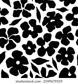 Seamless floral pattern with bold black flower silhouettes on a white background. Stylish botanical design for fabric, wallpaper, wrapping paper, and modern creative projects. Vector illustration