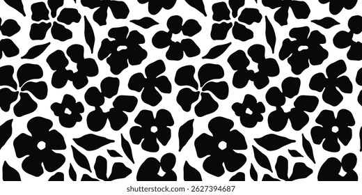 Seamless floral pattern with bold black flower silhouettes on a white background. Stylish botanical design for fabric, wallpaper, wrapping paper, and modern creative projects. Vector illustration
