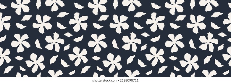 Seamless floral pattern with bold black flower silhouettes on a white background. Stylish botanical design for fabric, wallpaper, wrapping paper, and modern creative projects. Vector illustration