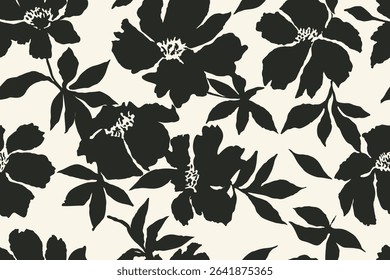 Seamless floral pattern with bold black hand-drawn flowers and leaves on white background, abstract flower design for textile, fabric, wallpaper, clothing, poster, and home decor use.