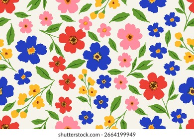 Patrón floral inconsútil con las flores azules, rojas, rosadas y amarillas audaces y las hojas verdes exuberantes en un fondo claro, ideal para el diseño de la tela y del Fondo de pantalla.