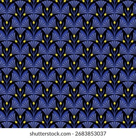 Patrón floral sin fisuras en azul y amarillo, inspirado en la elegancia art deco. Perfecto para la moda, los textiles, el Fondo de pantalla, la decoración del hogar y los fondos creativos con un toque moderno y elegante