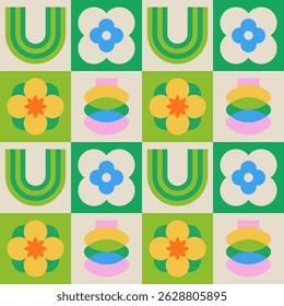 Seamless floral pattern with bold geometric flowers and vases in checkerboard grid. Colorful flat vector illustration. Retro summer design