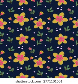 Seamless floral pattern with bold golden yellow plumeria frangipani flowers with hot pink centers, pink buds, teal green leaves, and soft lavender dot accents on a deep navy background. Rich and sophisticated design ideal for luxury fashion, premium packaging, bold home decor, and modern stationery.