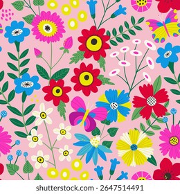 Nahtloses Blumenmuster mit kräftigen, handgezeichneten Blumen und Blättern auf weichrosa Hintergrund. Lebhaftes und verspieltes Design, perfekt für Stoff-, Verpackungs-, Schreibwaren- und digitale Projekte.