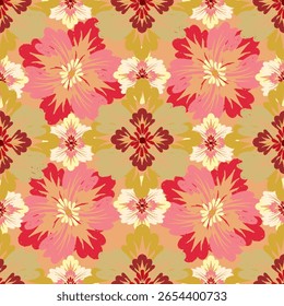 Seamless Floral Pattern with Bold Hand-Drawn Blossoms in Red, Pink, and Olive Green on Peach Background – Vibrant Retro-Inspired Design for Fabric, Wallpaper, and Decorative Projects
