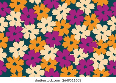 Nahtloses Blumenmuster mit kräftigen Orange-, Creme- und Magentaflüchten auf dunklem Teal-Hintergrund, perfekt für Stoff-, Mode- oder digitale Designprojekte.