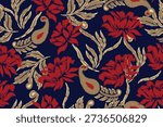 Seamless floral pattern with bold red flowers and leafy ornaments.