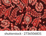 Seamless floral pattern with bold red flowers and leafy ornaments.