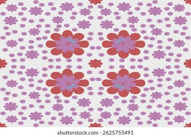 Seamless floral pattern with bold red and purple flowers on a light background. Perfect for textiles, stationery, wrapping paper, wallpapers, and decorative surface design projects.