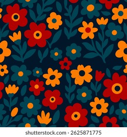 Seamless floral pattern with bold red, yellow, and dark green flowers on a deep background. Suitable for textile, surface design, wrapping paper, and decorative projects.