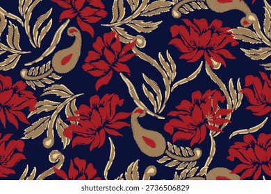 Seamless floral pattern with bold red flowers and leafy ornaments.