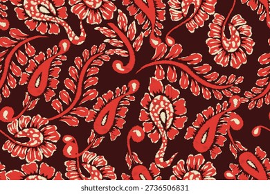 Seamless floral pattern with bold red flowers and leafy ornaments.