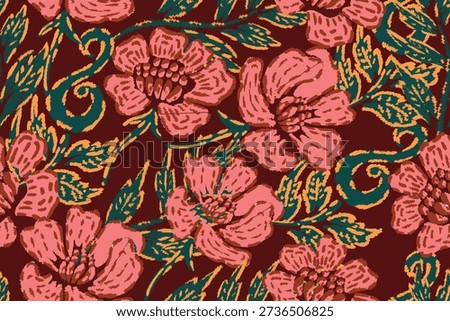 Seamless floral pattern with bold red flowers and leafy ornaments.