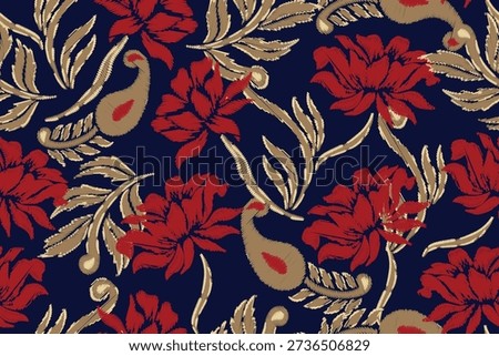Seamless floral pattern with bold red flowers and leafy ornaments.