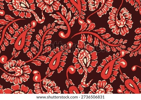 Seamless floral pattern with bold red flowers and leafy ornaments.