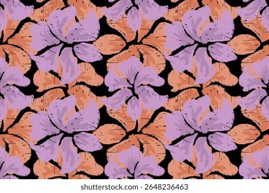 Padrão floral sem costura com violeta e laranja arrojado Abstrato Flores no fundo preto, Design artístico decorativo, Têxtil vintage, tecido boho, papel de parede, envoltório de presente e projetos de superfície criativa