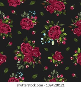 Seamless floral pattern with bordo burgundy rose flowers bouquets and green leaves on dark background. Maroon floral branch, arrangements for textile, fabric. Vector illustration in watercolor style