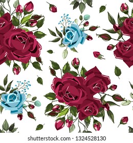 Seamless floral pattern with bordo burgundy navy blue rose flowers bouquets and green leaves on white background. Maroon floral branch, arrangements for textile, fabric. Vector illustration