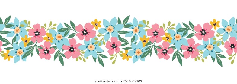 Seamless floral pattern, botanical border, cute ornament with small spring, summer plants. Pretty floral decor, frame of hand drawn daisy flowers, leaves. Vector illustration.