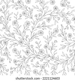 Seamless floral pattern.  Botanical clip art. Wildflowers wreath skethc.Vector  Line drawn leaves and branches.Vector black and white flowers. 