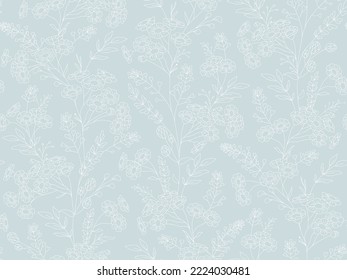 Nahtlose Blumenmuster.  Botanische Clipkunst. Wildblumen-Kranz-Sketch.Vektor Linie gezeichnet Blätter und Blumen Zweige.Vektorblau-weiße Blumen. 