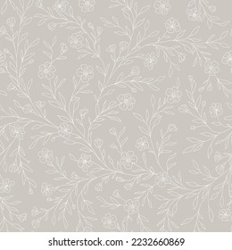 Seamless floral pattern.  Botanical clip art. Wildflowers wreath skethc.Vector  Line drawn leaves and branches.Vector grey and white flowers. 