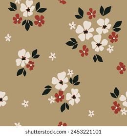 Seamless floral pattern, botanical design: small flowers, leaves, tiny simple bouquets abstract on a brown field. Vector illustration.