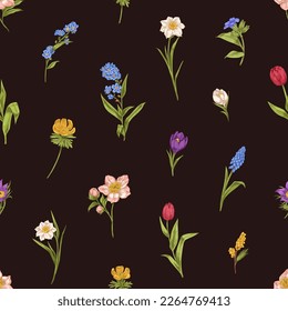 Patrón floral sin brillo, impresión repetida botánica. Fondo de flores primaverales, diseño de texturas interminables para textiles, tela, envoltura en estilo retro. Ilustración vectorial de vintage repetible a mano