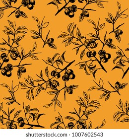 Seamless floral pattern with boughs of blackthorn bush with fruit. Based on hand drawn ink sketch.