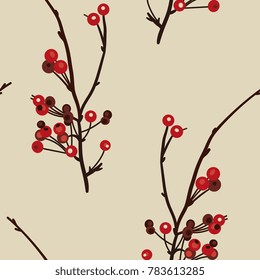 Seamless floral pattern with boughs of red berries. 
