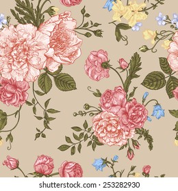 Seamless floral pattern with bouquet of  colorful flowers on a beige background. Peonies, roses, sweet peas, bell. Vector illustration.