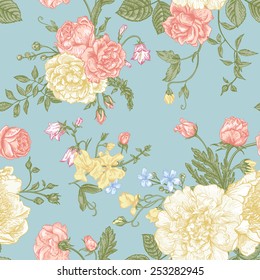 Seamless floral pattern with bouquet of  colorful flowers on a blue background. Peonies, roses, sweet peas, bell. Vector illustration.