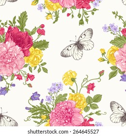 Seamless floral pattern with bouquet of colorful flowers on a white background. Peonies, roses, sweet peas, bell. Vector illustration.