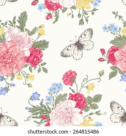 Seamless floral pattern with bouquet of colorful flowers on a white background. Peonies, roses, sweet peas, bell. Vector illustration.