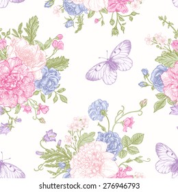 Seamless floral pattern with bouquet of colorful flowers and butterflies on a white background. Peonies, roses, sweet peas, bell. Vector illustration.